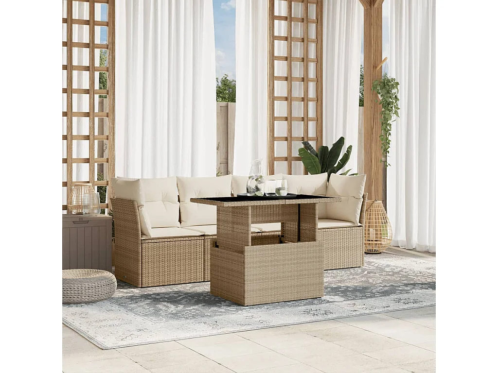 5-delige Loungeset met kussens poly rattan beige