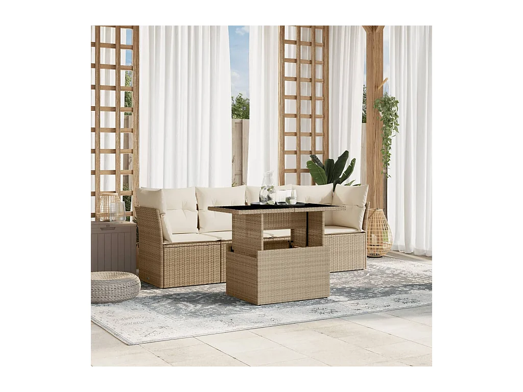 Salon de jardin avec coussins 5 pièces beige résine tressée