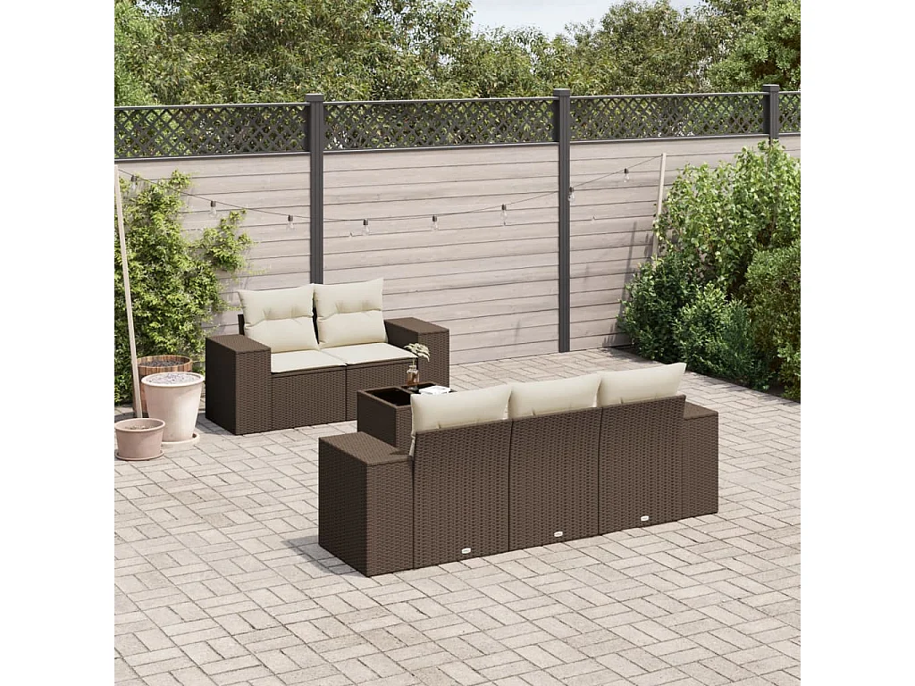 Set sofás de jardín 6 piezas y cojines ratán sintético marrón