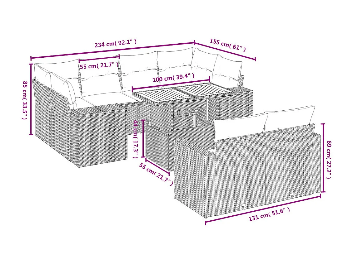 Salon de jardin 11 pièces avec coussins beige résine tressée