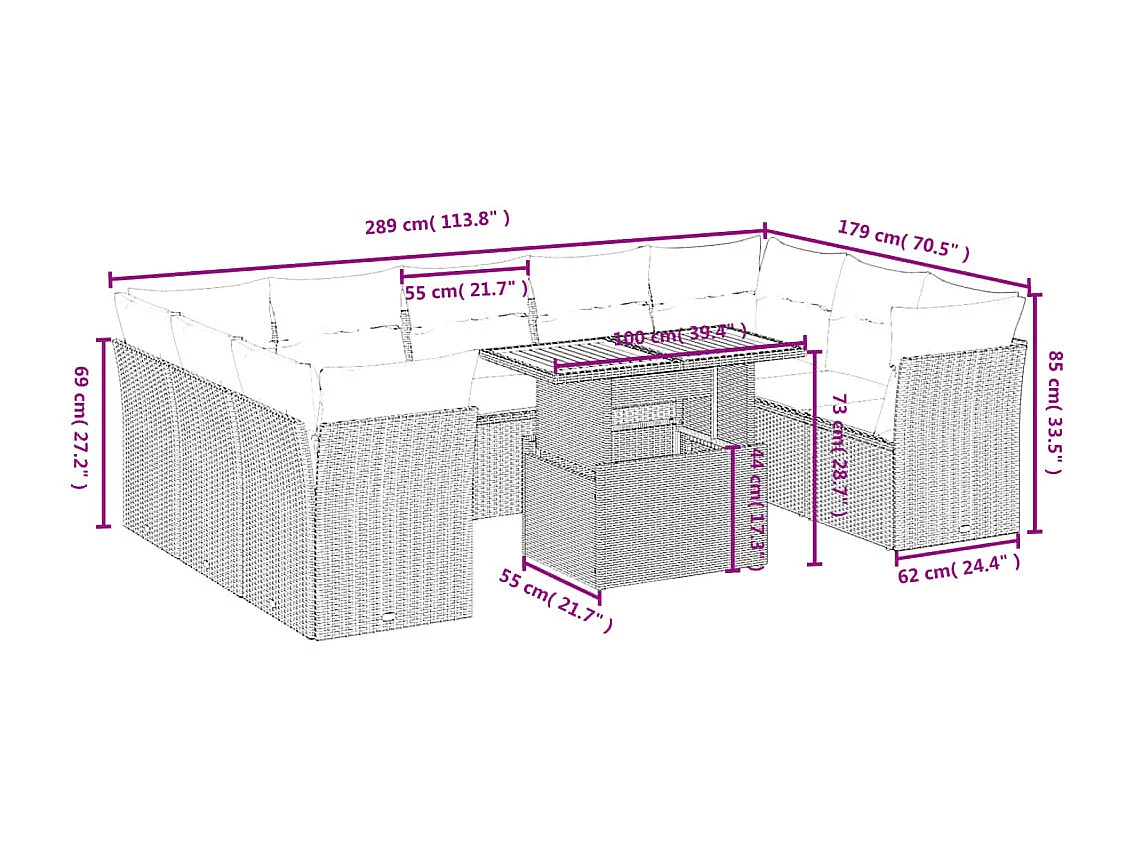 Salon de jardin avec coussins 10 pièces beige résine tressée