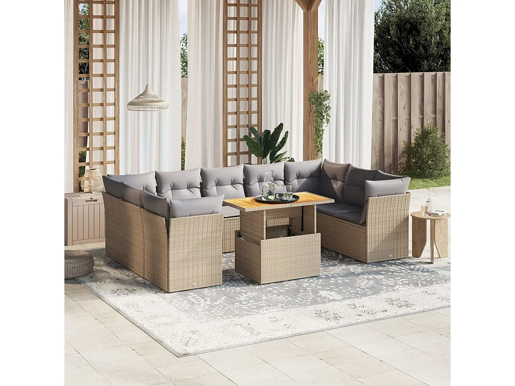 Salon de jardin avec coussins 10 pièces beige résine tressée