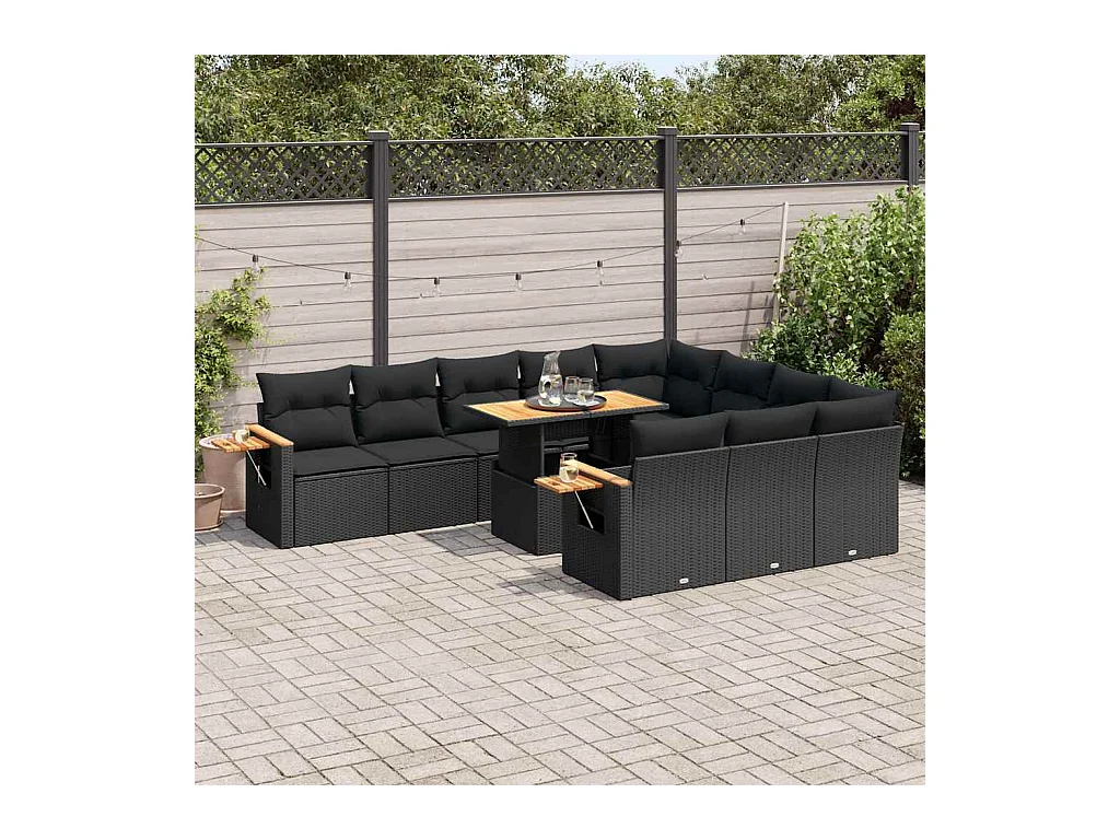 Salon de jardin 10 pièces avec coussins noir résine tressée acacia