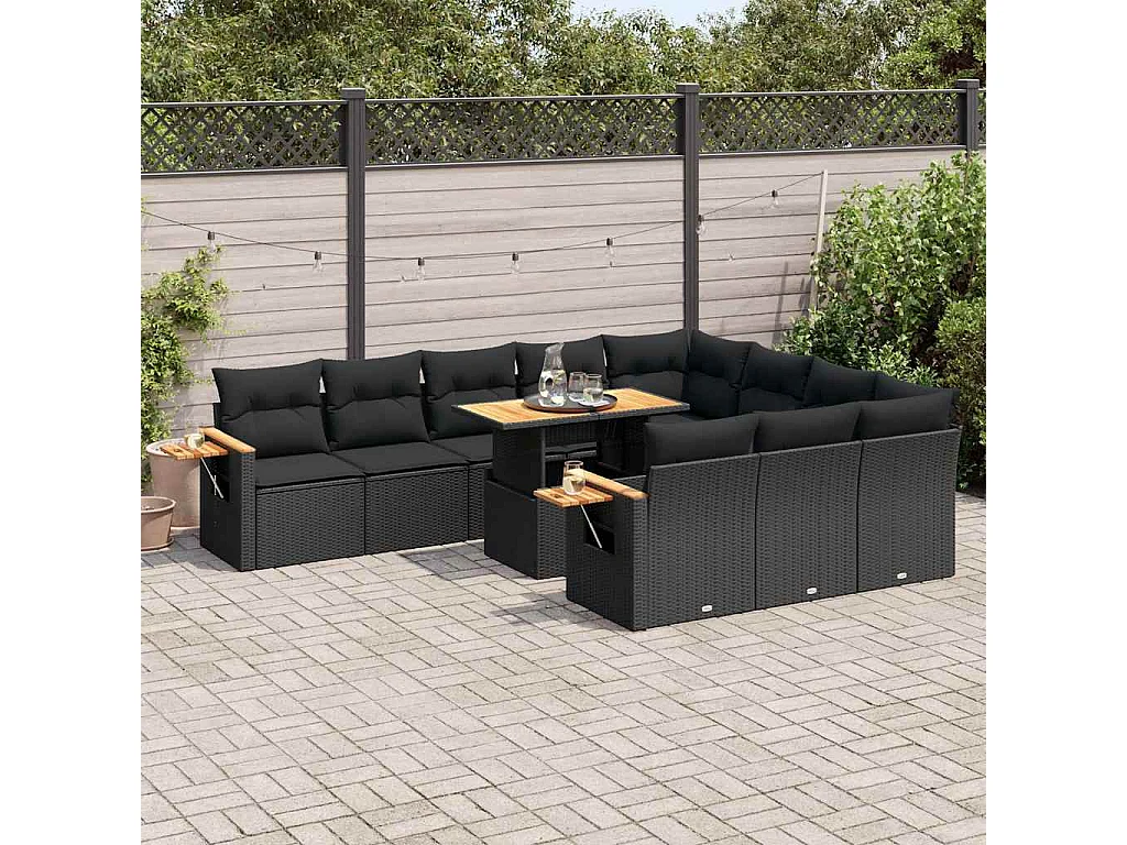 11-delige Loungeset met kussens poly rattan acacia zwart
