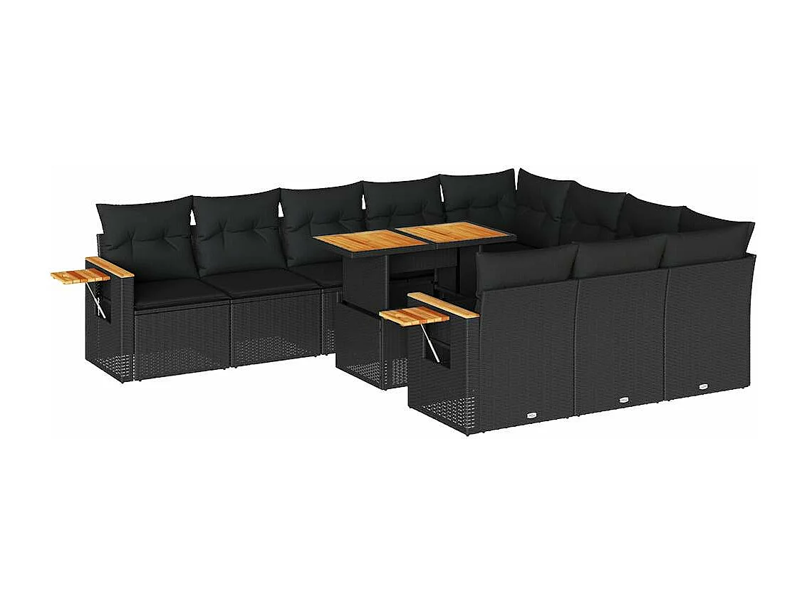 11-delige Loungeset met kussens poly rattan acacia zwart