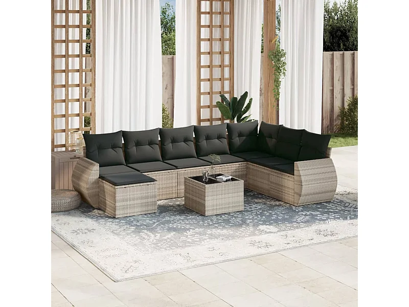 Set muebles jardín 9 piezas y cojines ratán sintético gris claro