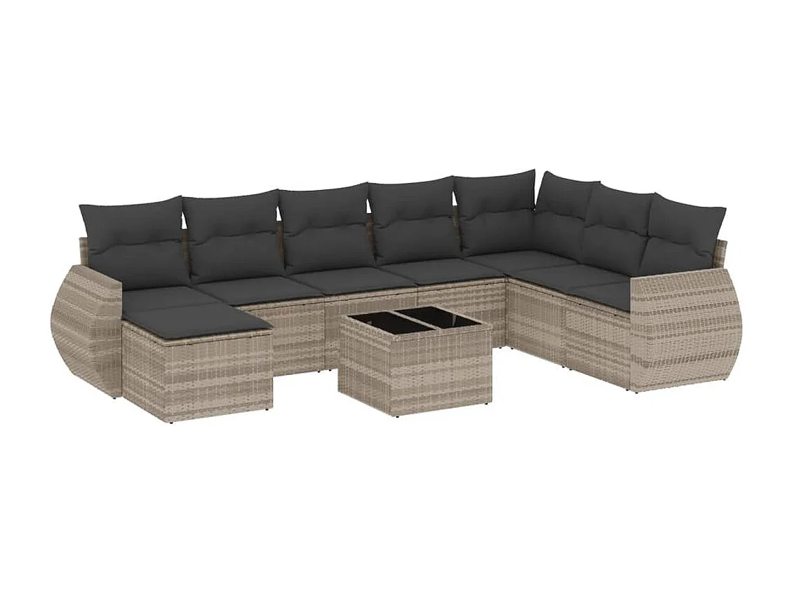 Set muebles jardín 9 piezas y cojines ratán sintético gris claro