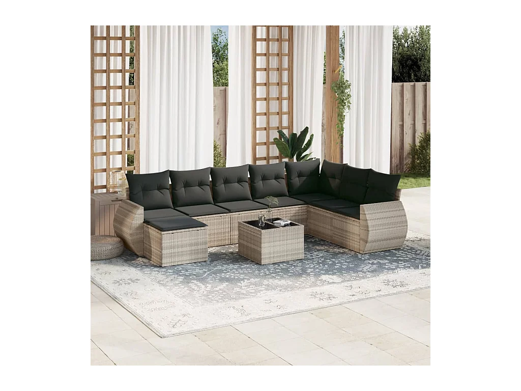 Salon de jardin 9 pièces avec coussins gris clair résine tressée