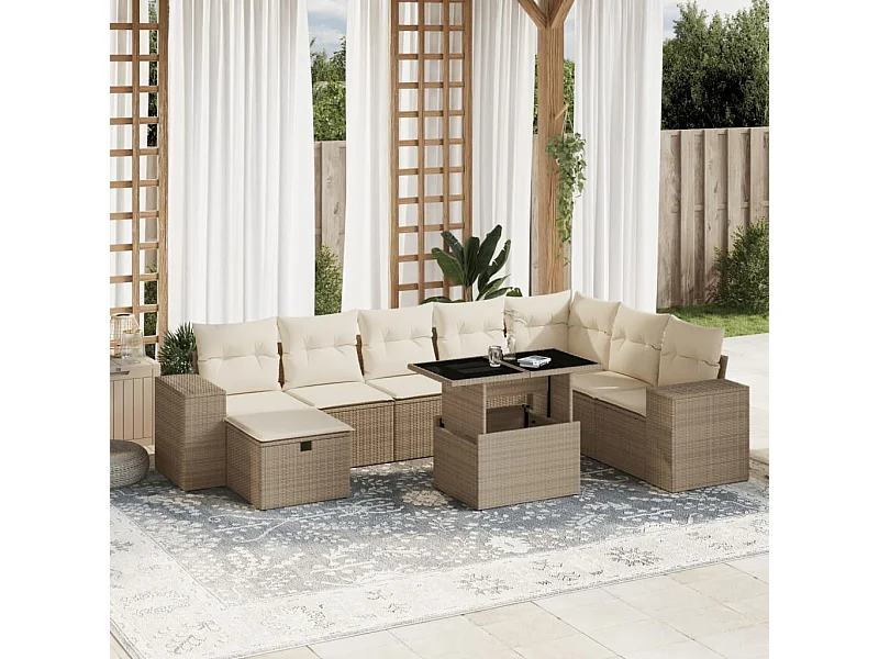 Set de sofás de jardín 9 piezas con cojines ratán sintético beige