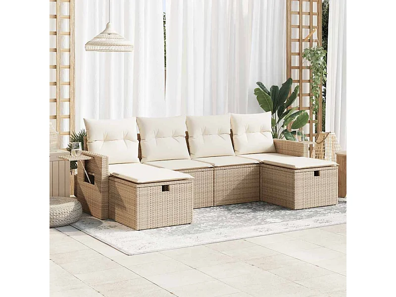 6-delige Loungeset met kussens poly rattan beige
