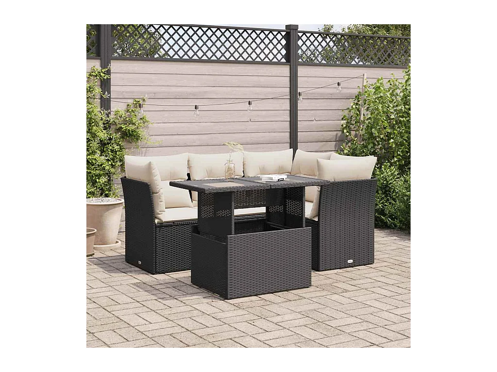 5-delige Loungeset met kussens poly rattan zwart