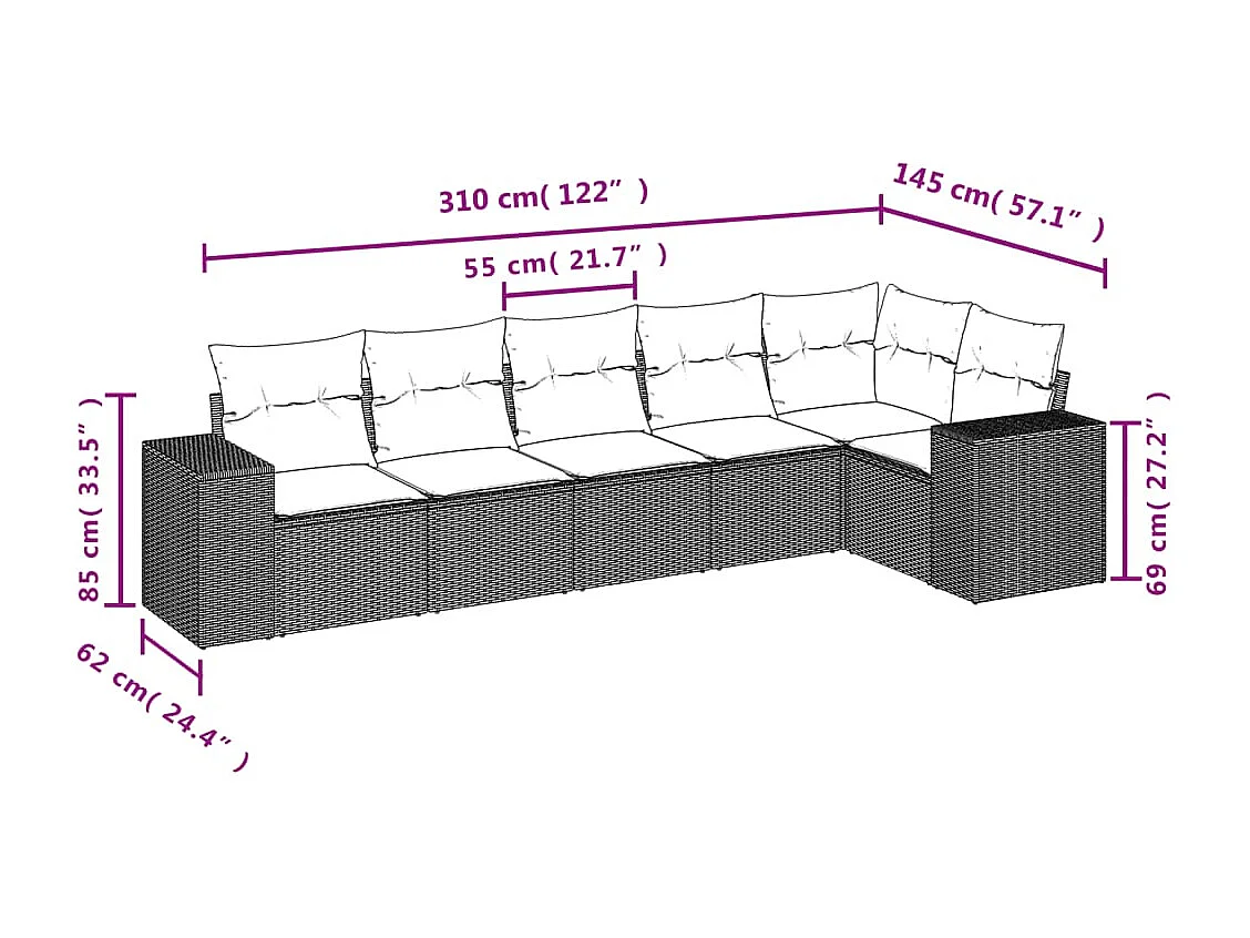 6-delige Loungeset met kussens poly rattan bruin
