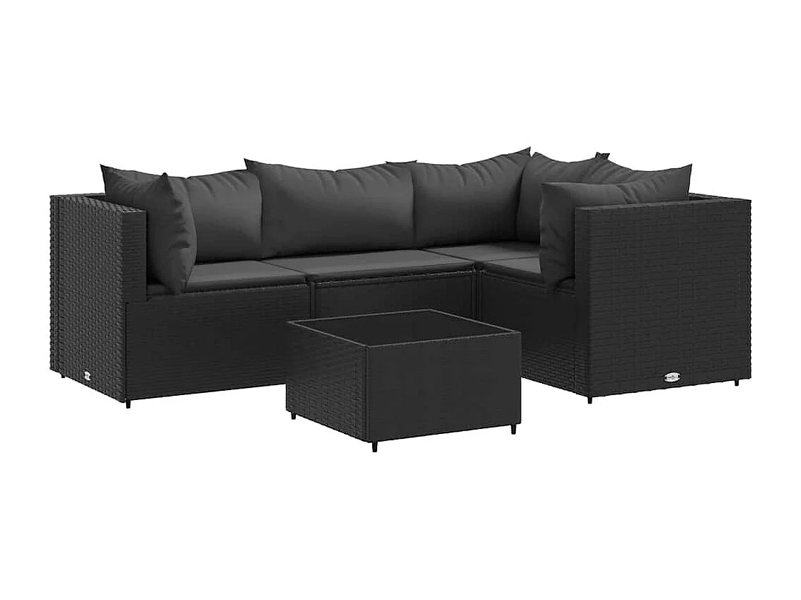 5-delige Loungeset met kussens poly rattan zwart