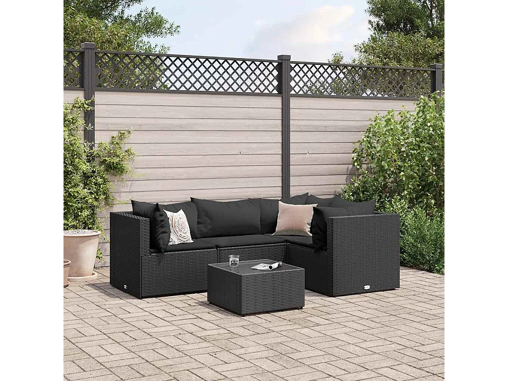 Salon de jardin 5 pièces avec coussins Noir Résine tressée