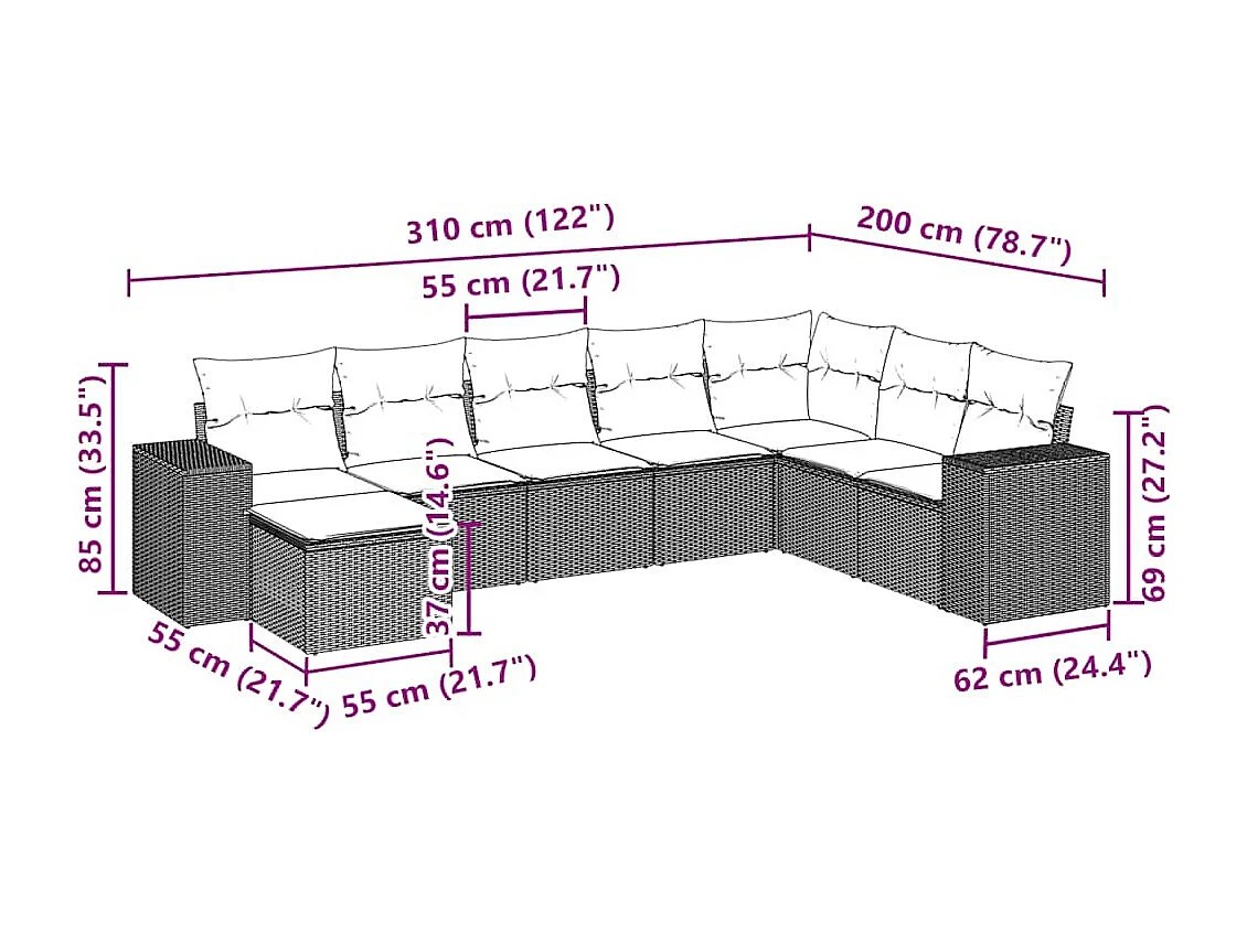 Salon de jardin 8 pièces avec coussins gris clair résine tressée