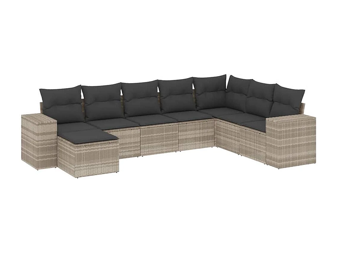 Salon de jardin 8 pièces avec coussins gris clair résine tressée