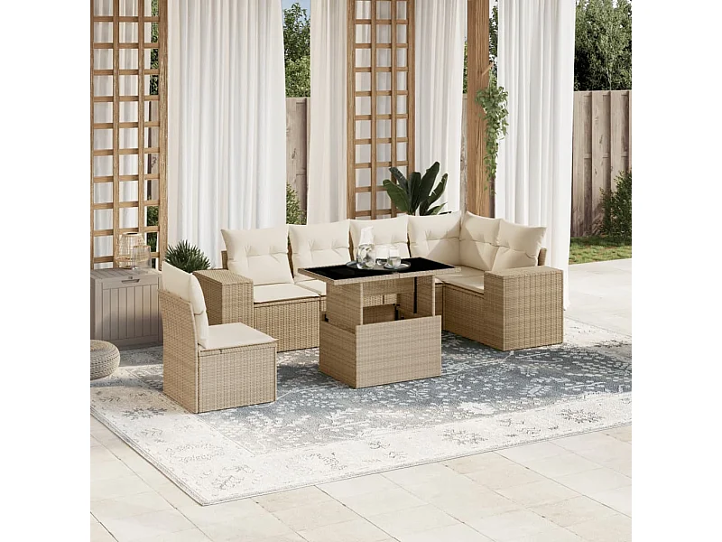 Salon de jardin avec coussins 7 pièces beige résine tressée