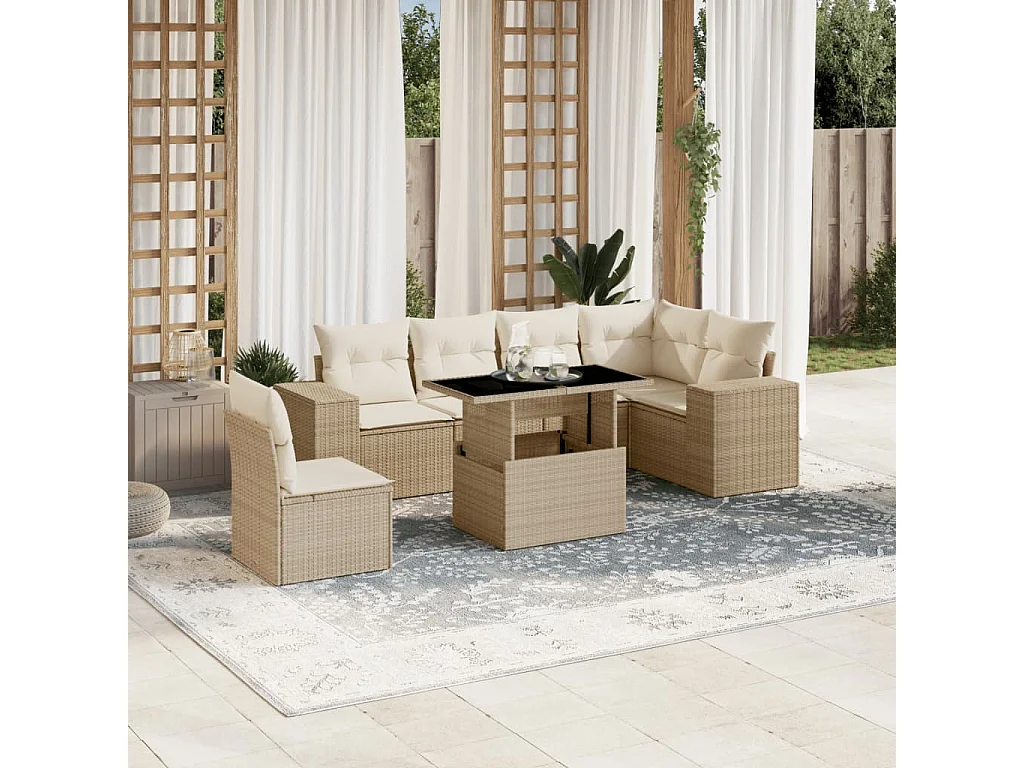 Salon de jardin avec coussins 7 pièces beige résine tressée