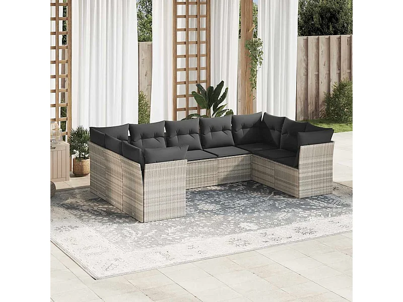 Set muebles jardín 9 piezas y cojines ratán sintético gris claro
