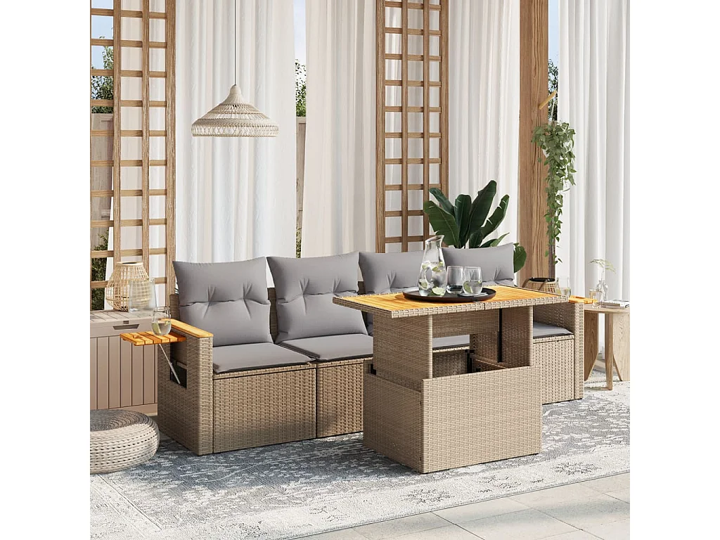 5 peças conjunto de sofás para jardim com almofadões vime PE bege