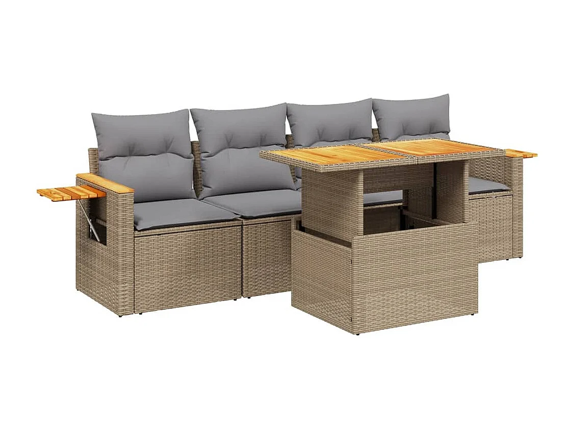 5 peças conjunto de sofás para jardim com almofadões vime PE bege