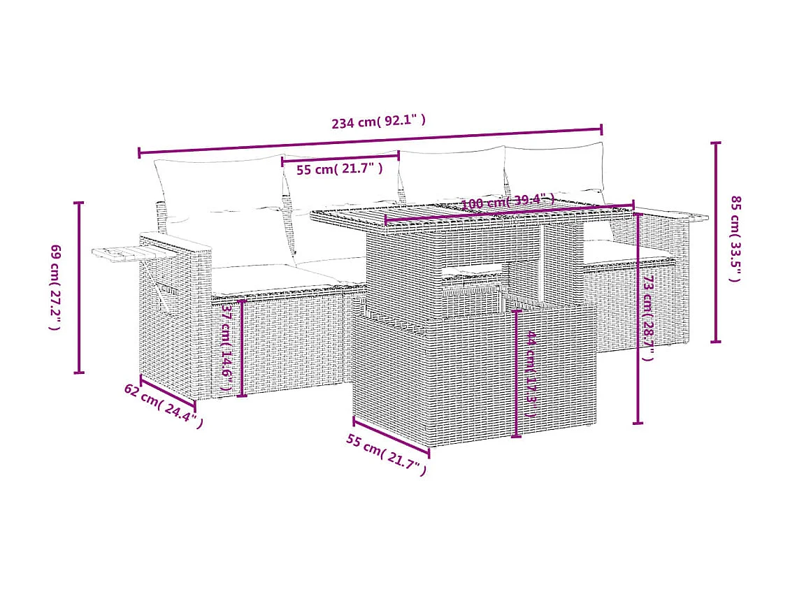 5 peças conjunto de sofás para jardim com almofadões vime PE bege