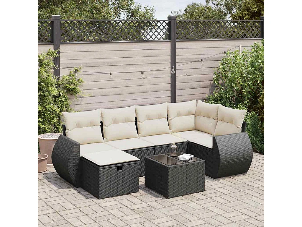7-delige Loungeset met kussens poly rattan zwart