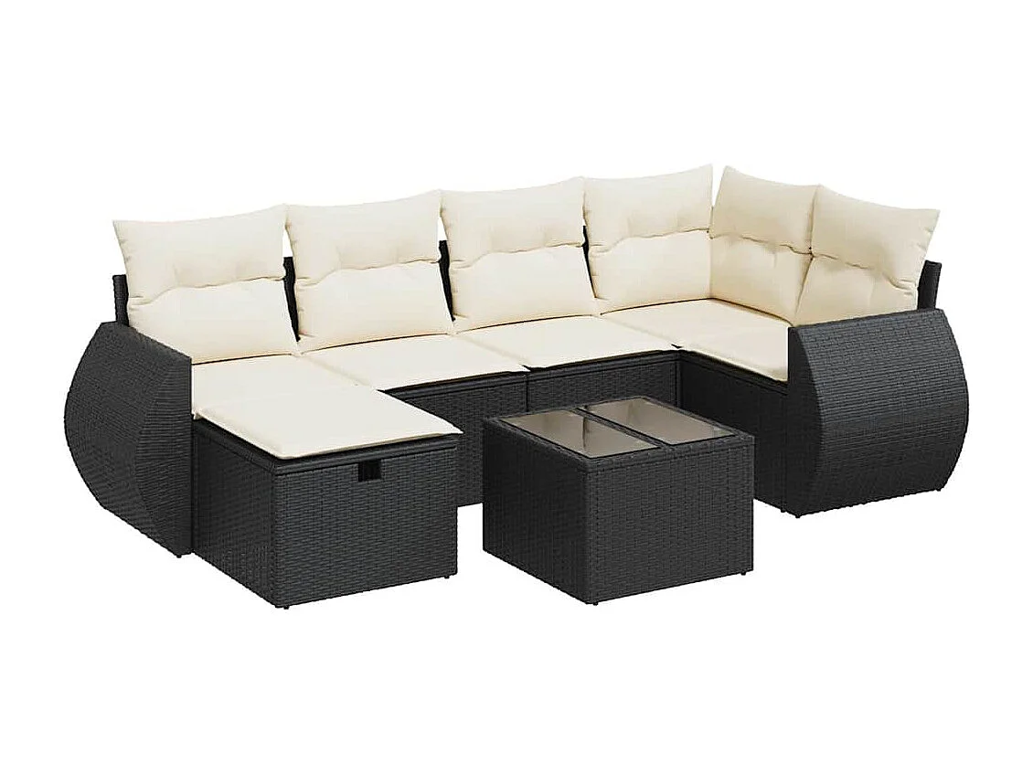 7-delige Loungeset met kussens poly rattan zwart