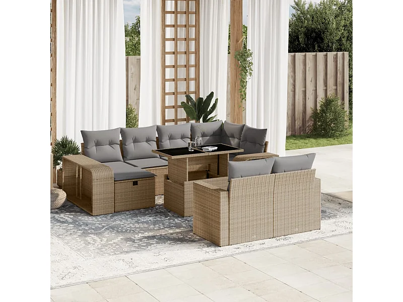 11 peças conjunto sofás de jardim com almofadões vime PE bege