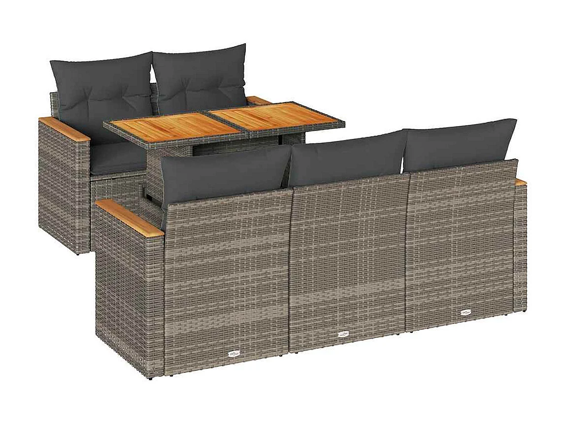 Salon de jardin avec coussins 6 pièces gris résine tressée acacia