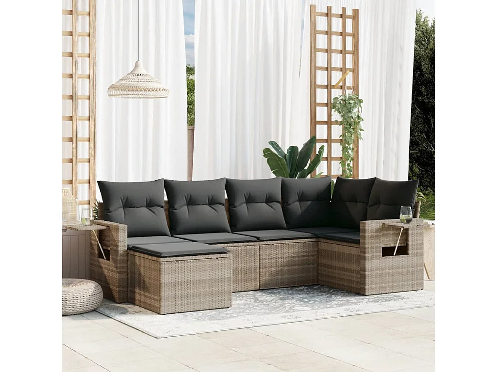 Salon de jardin 6 pièces avec coussins gris clair résine tressée