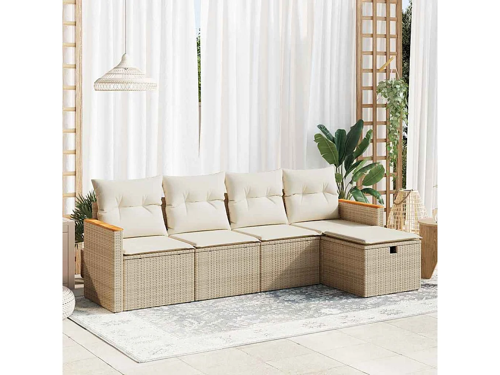 5-delige Loungeset met kussens poly rattan beige