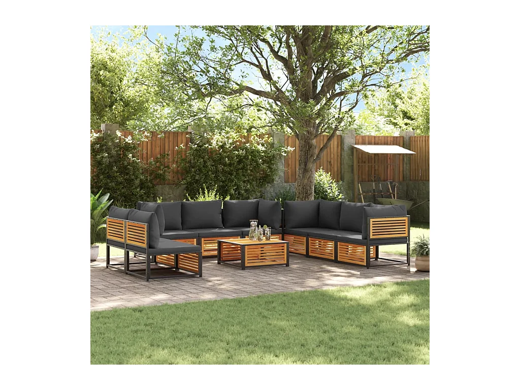 Salon de jardin avec coussins 9 pièces bois massif d'acacia