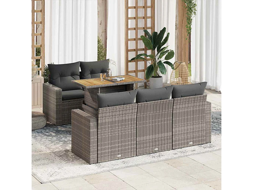 6-delige Loungeset met kussens poly rattan grijs