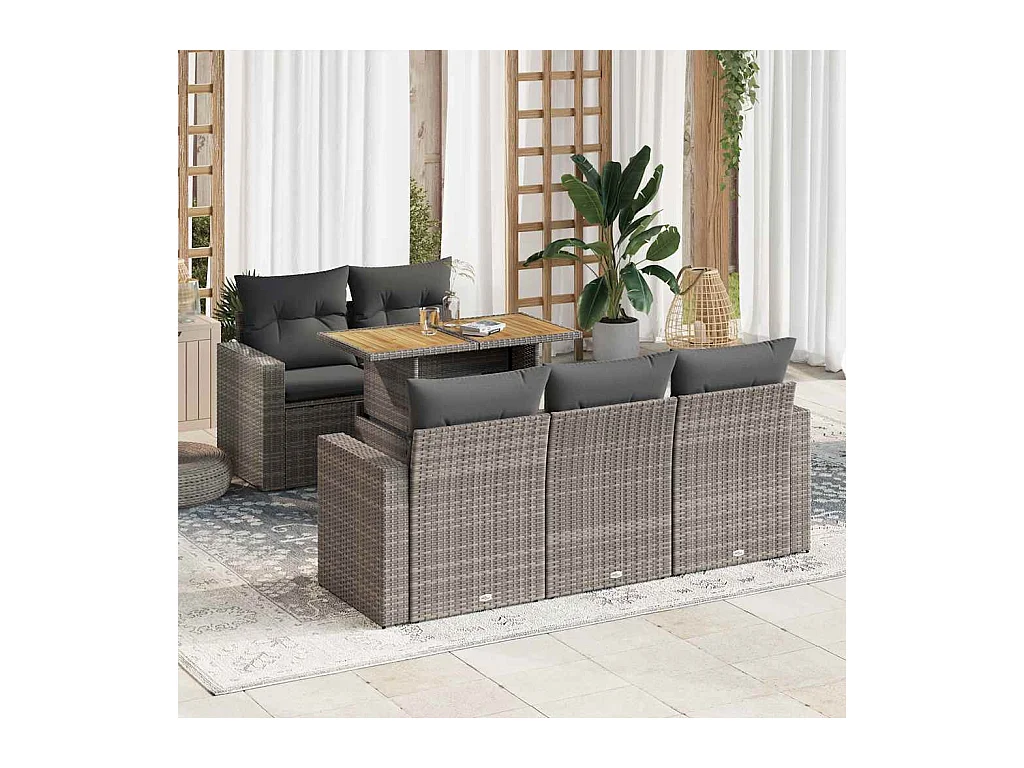 6-delige Loungeset met kussens poly rattan grijs