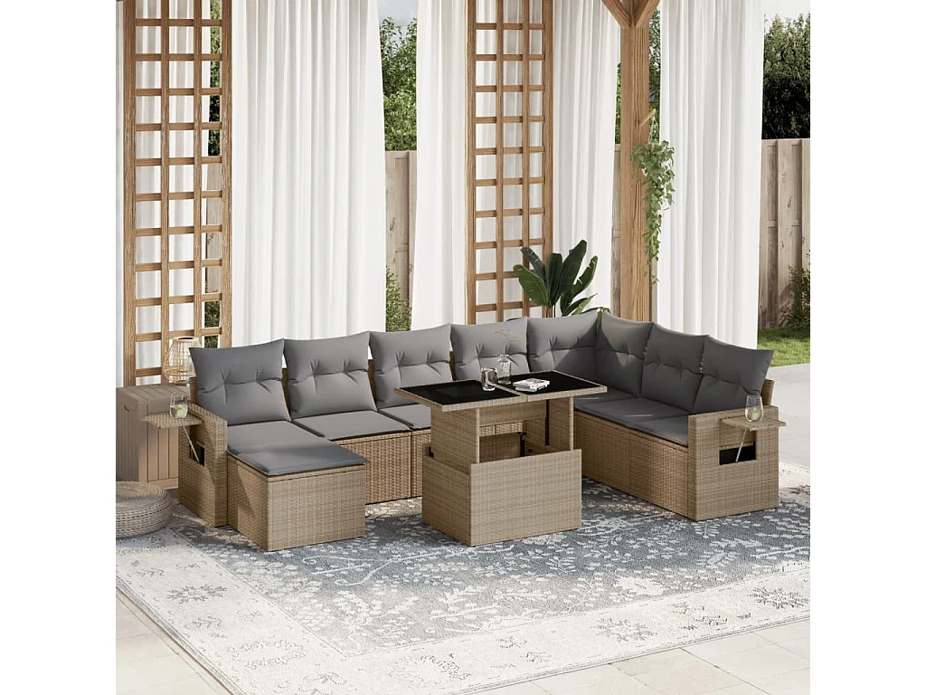 Set de sofás de jardín 9 piezas con cojines ratán sintético beige