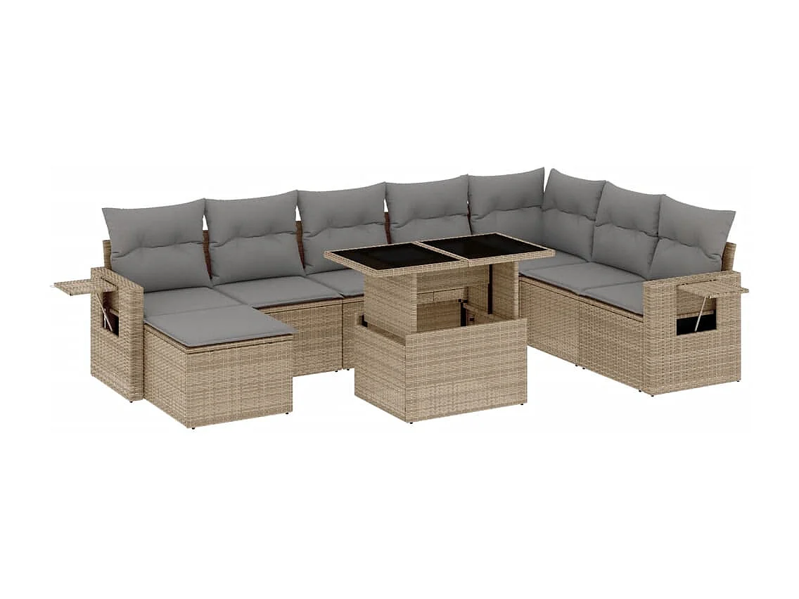 Set de sofás de jardín 9 piezas con cojines ratán sintético beige