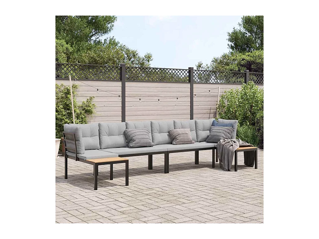 Salon de jardin avec coussins 4 pièces noir acier enduit de poudre