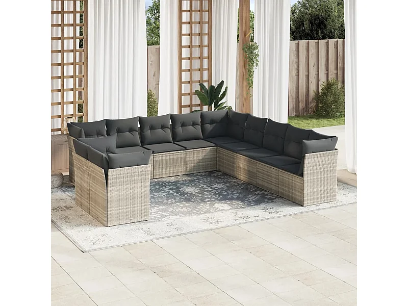 11-delige Loungeset met kussens poly rattan lichtgrijs