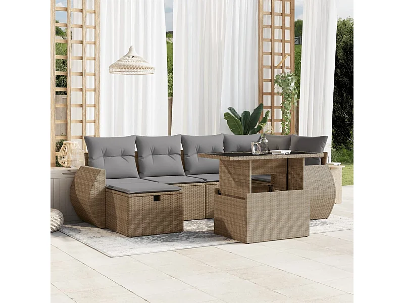Salon de jardin avec coussins 7 pièces beige résine tressée