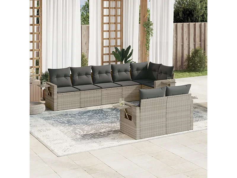 8-delige Loungeset met kussens poly rattan lichtgrijs