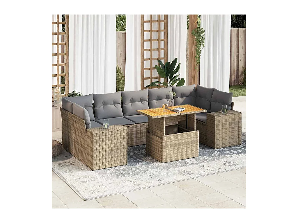 Salon de jardin avec coussins 8 pièces beige résine tressée