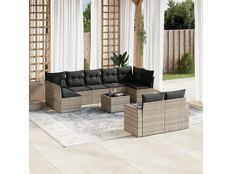Salon de jardin avec coussins 10 pièces gris clair résine tressée