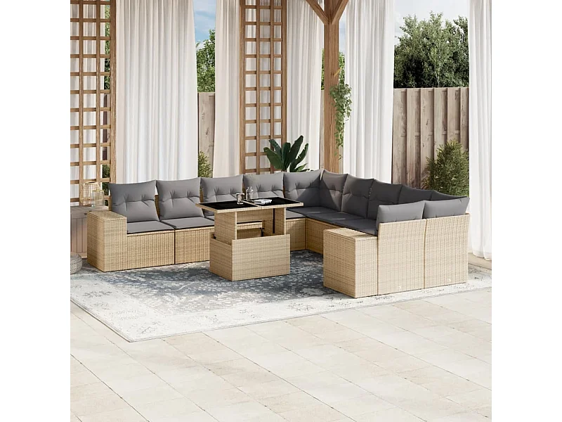 Set de sofás de jardín 11 piezas con cojines ratán sintético beige