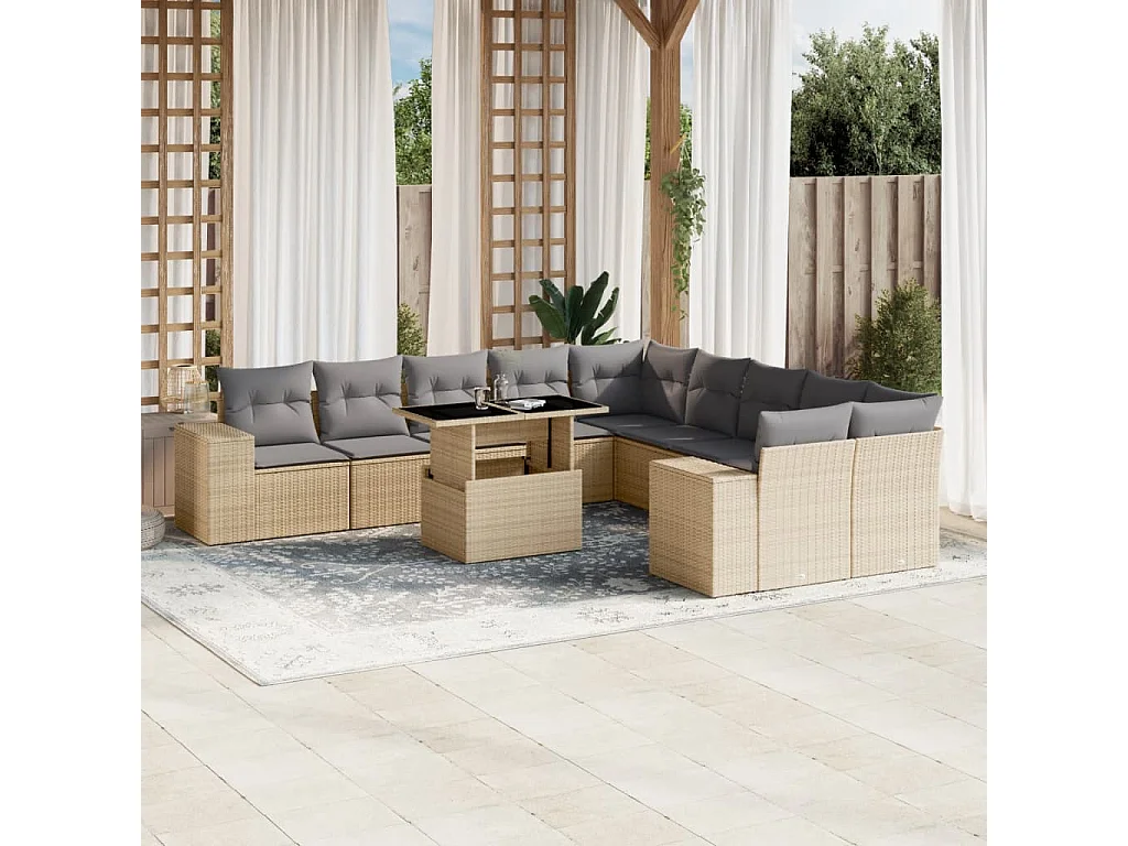 Set de sofás de jardín 11 piezas con cojines ratán sintético beige
