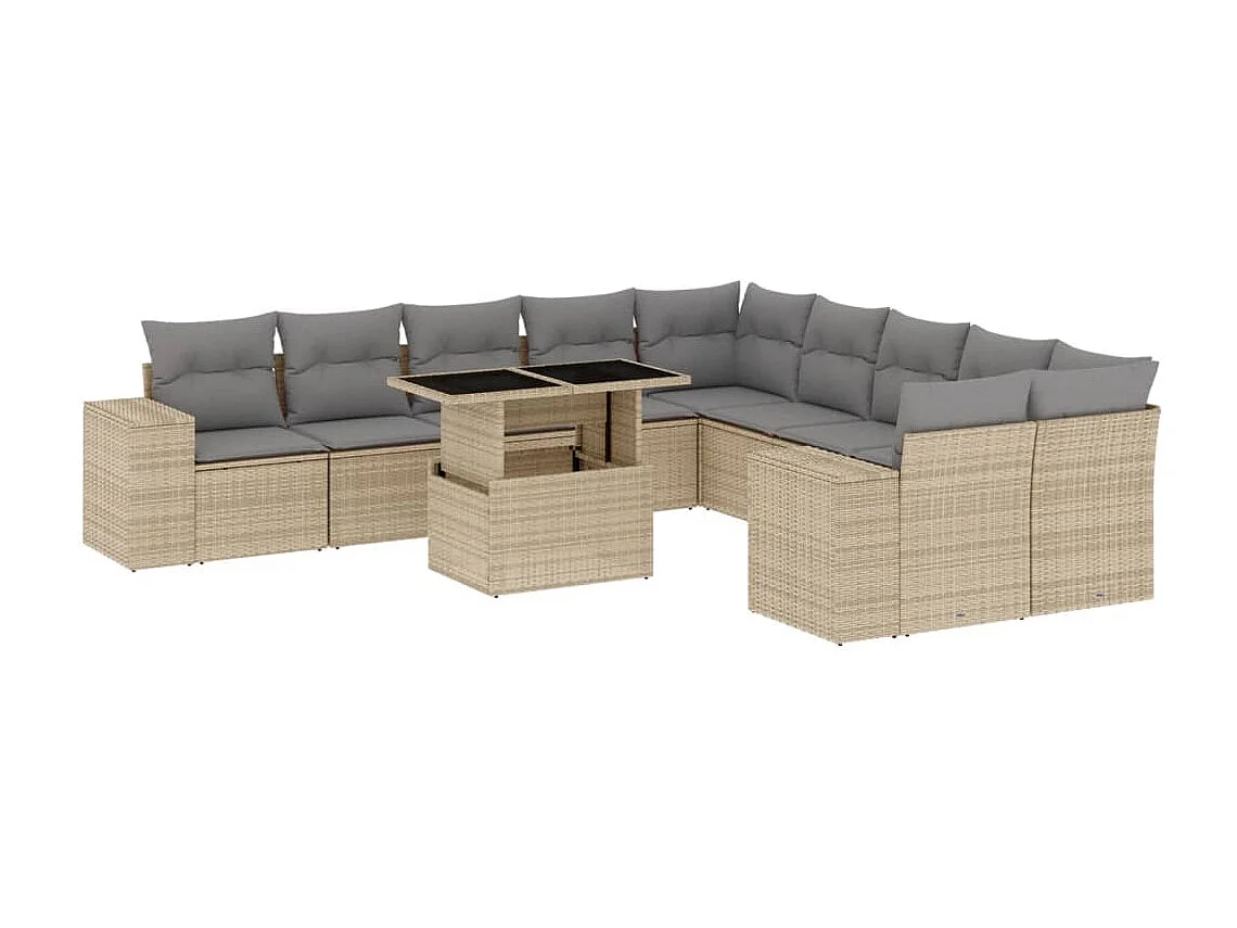 Set de sofás de jardín 11 piezas con cojines ratán sintético beige