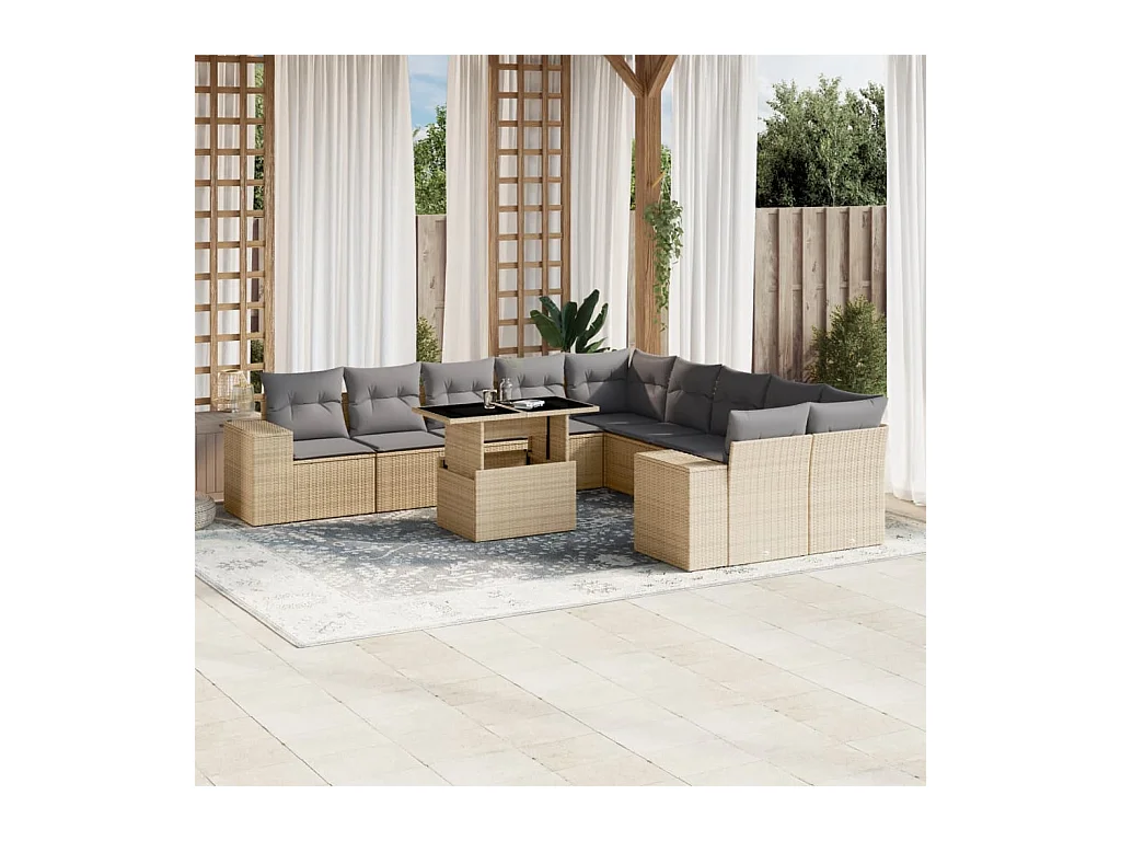 Salon de jardin 11 pièces avec coussins beige résine tressée