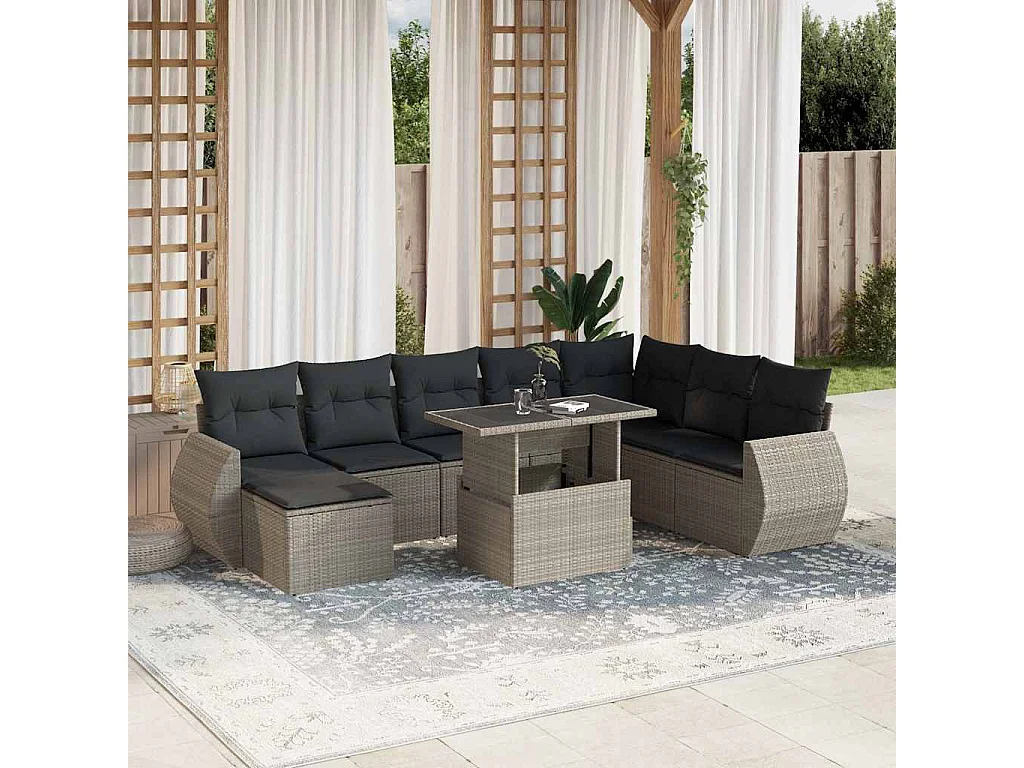 Set muebles jardín 9 piezas y cojines ratán sintético gris claro
