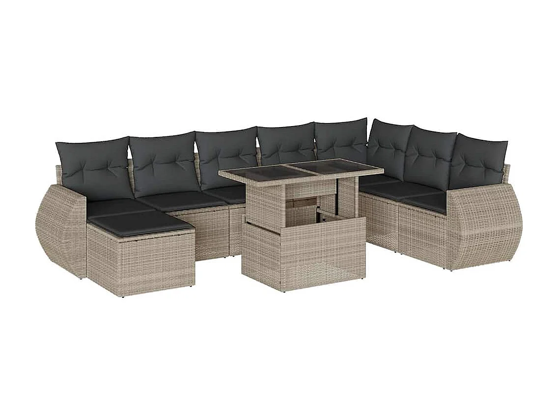 Set muebles jardín 9 piezas y cojines ratán sintético gris claro