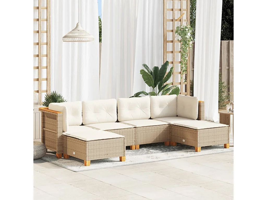 6-delige Loungeset met kussens poly rattan beige